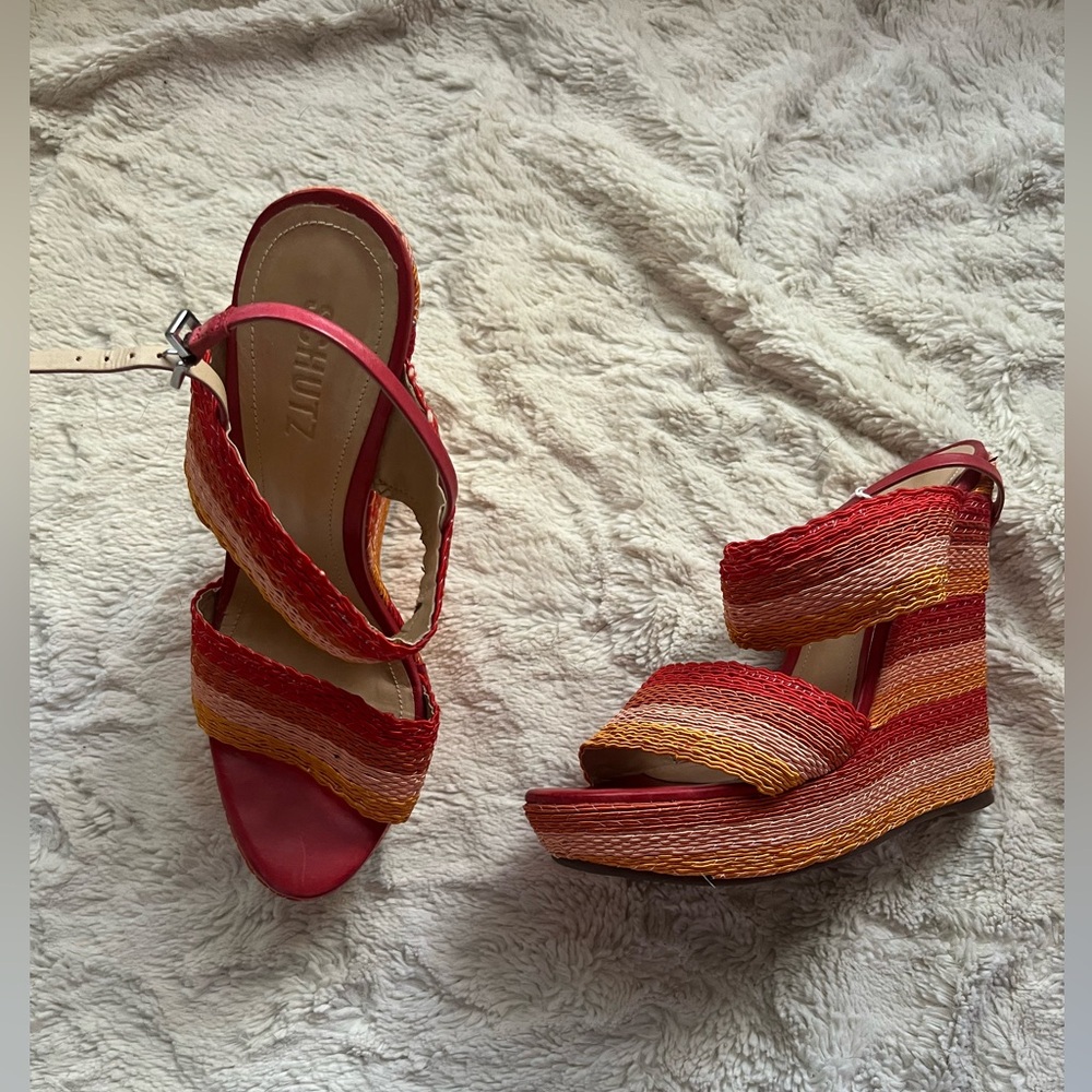 SCHUTZ Red Orange Stripe Wedge Sandal 9